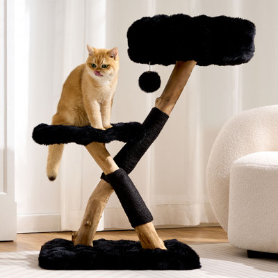 Tour pour arbre à chat en bois massif naturel avec poteau à griffer, tour pour chat moderne de 32 pouces de hauteur avec lit douillet et plateformes, arbre à chat à branches réelles pour adultes de grande taille.