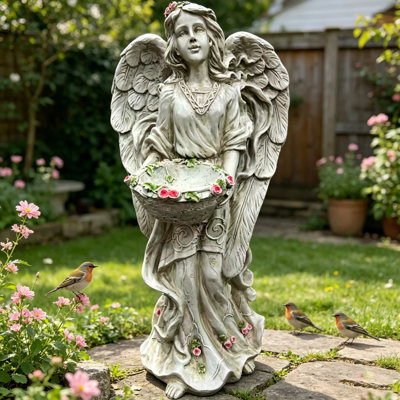 Statue d'ange avec panier de fleurs, grande statue d'ange de jardin en résine, mangeoire à oiseaux décorative et abreuvoir pour la décoration extérieure, intérieure et spirituelle