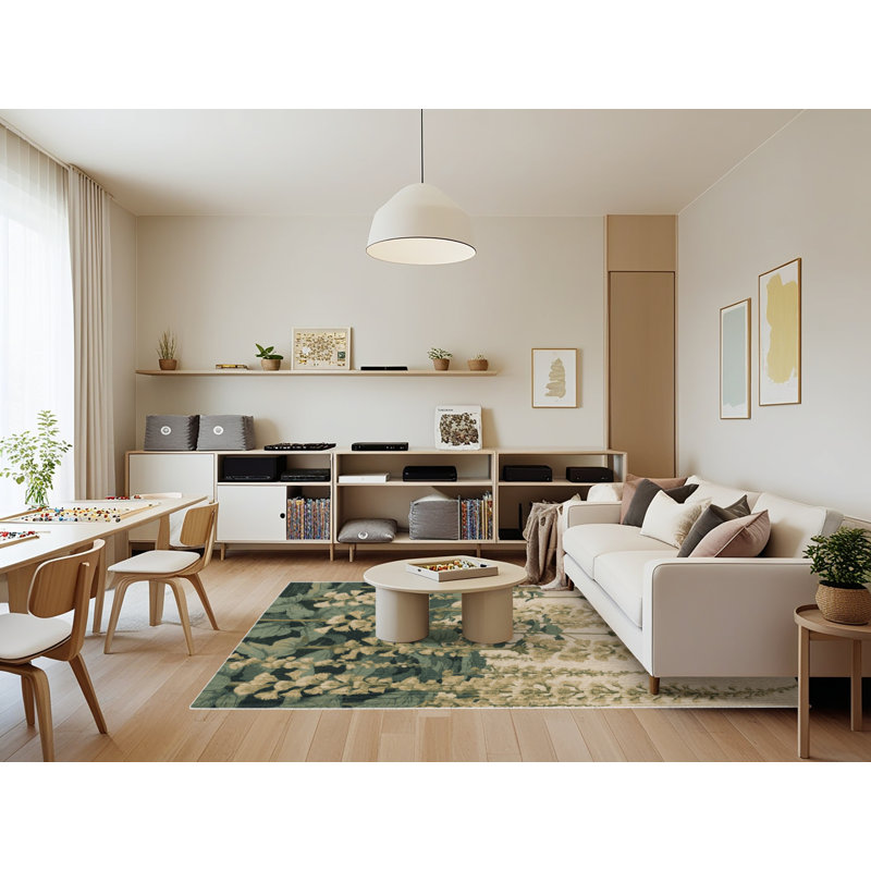 Tapis botanique beige lavable à la machine, Rectangle 7 pi x 9 pi