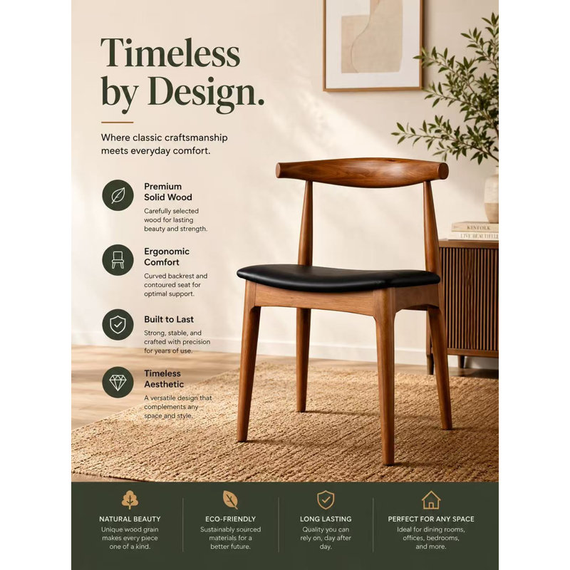 Mid-century modern Solid Wood Dining Chair with Dark Wood, Upholstered Faux Leather Seat, Low Open Back Side Chair for Dining Room, Kitchen & Breakfast Nook, Espresso