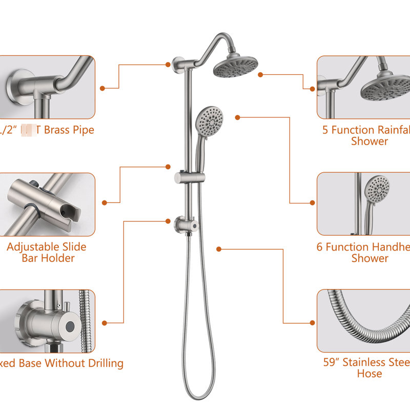 Brushed Nickel Shower With 6 Inch Rain Head And Handheld, Offering A Comfortable Experience Handheld In Nickel, Compatible Any Bathroom Decor