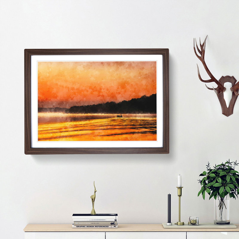 Boat Under An Orange Sunset Painting - Single Picture Frame Print on MDF, Black, 45cm H x 33cm W x 2cm D