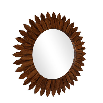 Hand-Polished Solid Wood Sunflower Sunburst Wall Mirror 