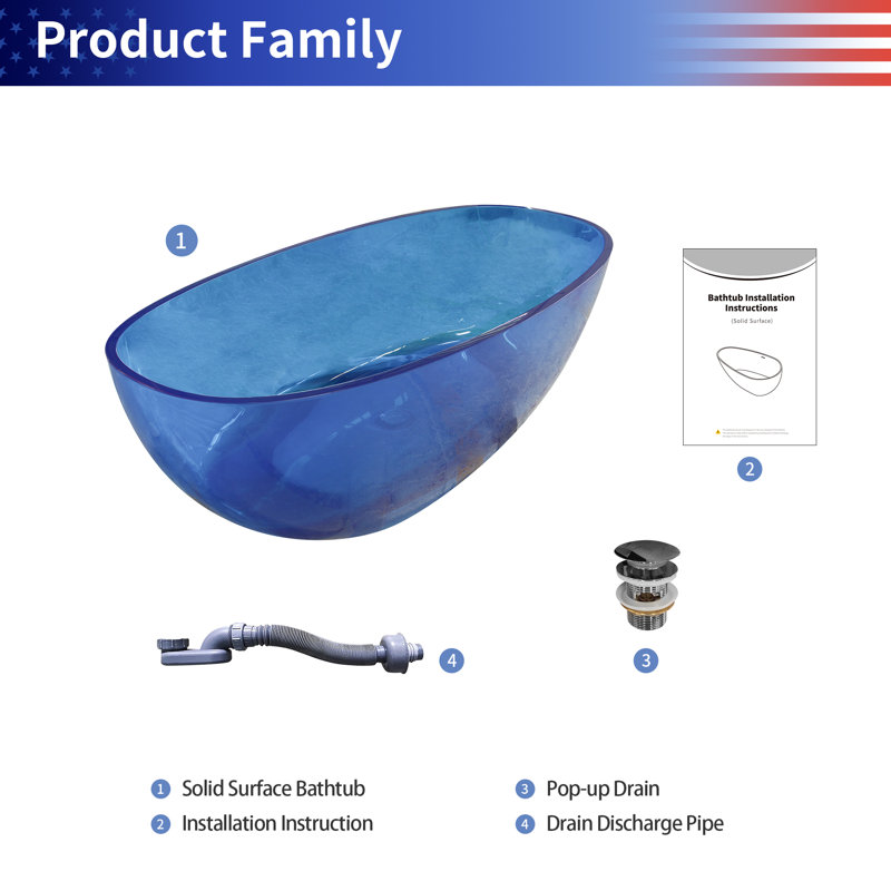 64'' x 30'' Freestanding Soaking Solid Surface Bathtub
