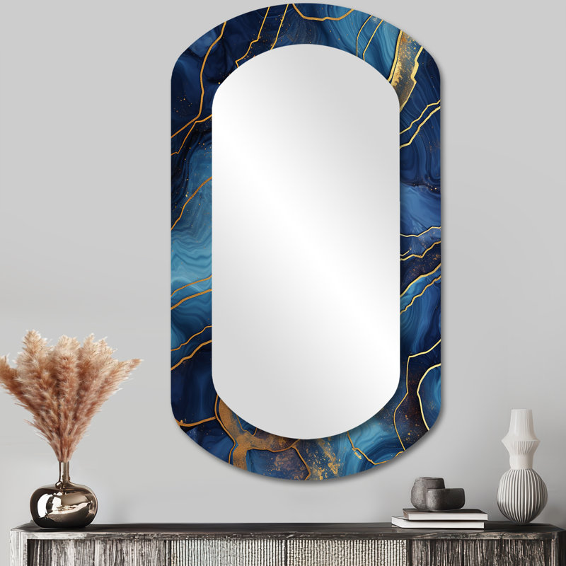 Miroir mural bleu et or abstrait en marbre V - Abstract, 43 po x 23 po