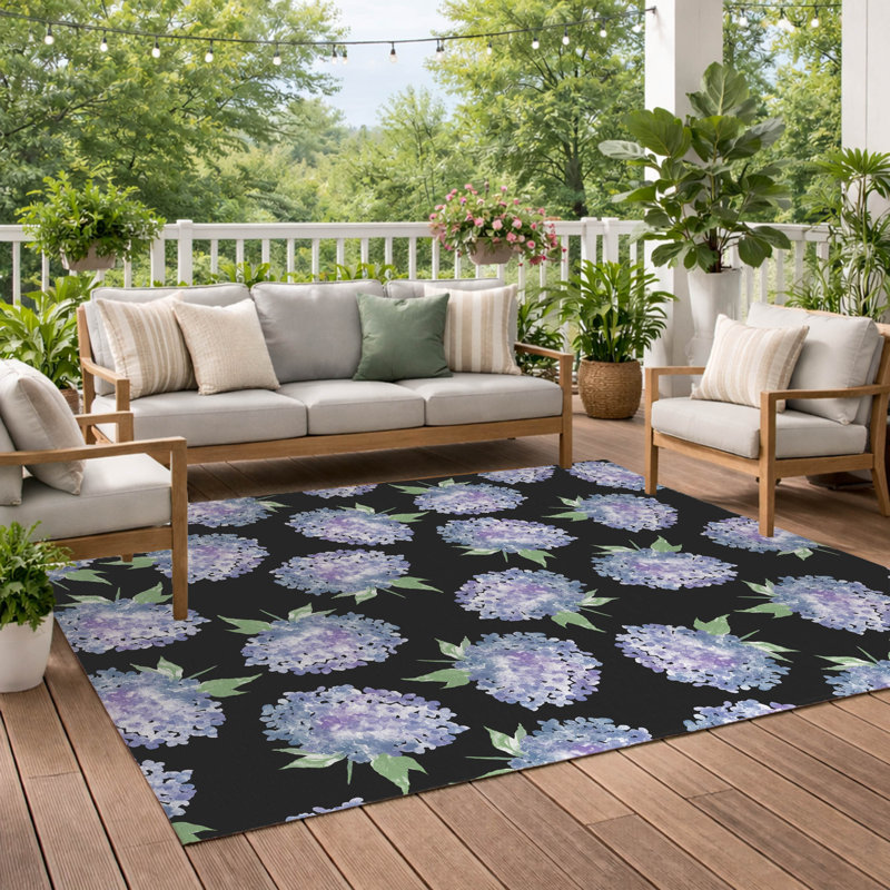 Hydrangea Love Decorative Outdoor Rug, Rectangle 4' x 6', Charcoal