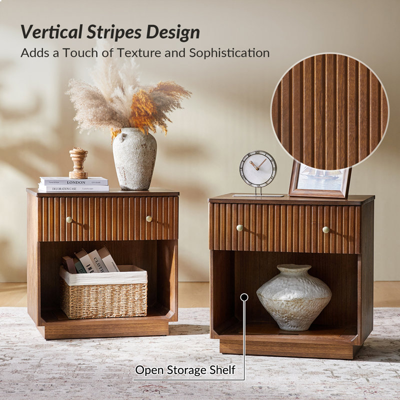  Kaybri 23.5''W Modern Fully Assembled Fluted Solid Wood End Table with Hidden Compartment and Charging Staion（Set of 2)
