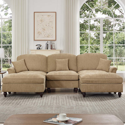 Classic Comfy Modular U Shape Sectional Sofa Couch with Flared Arms and Removable Ruffles Pleats Skirts and Spindle Legs, Upholstered Chenille Deep Seat Cloud Sofa with Movable Ottomans