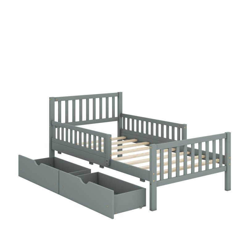 Base de lit double avec rangement pour enfants, lit en bois avec 2 tiroirs, lit plateforme double avec garde-corps pour enfants