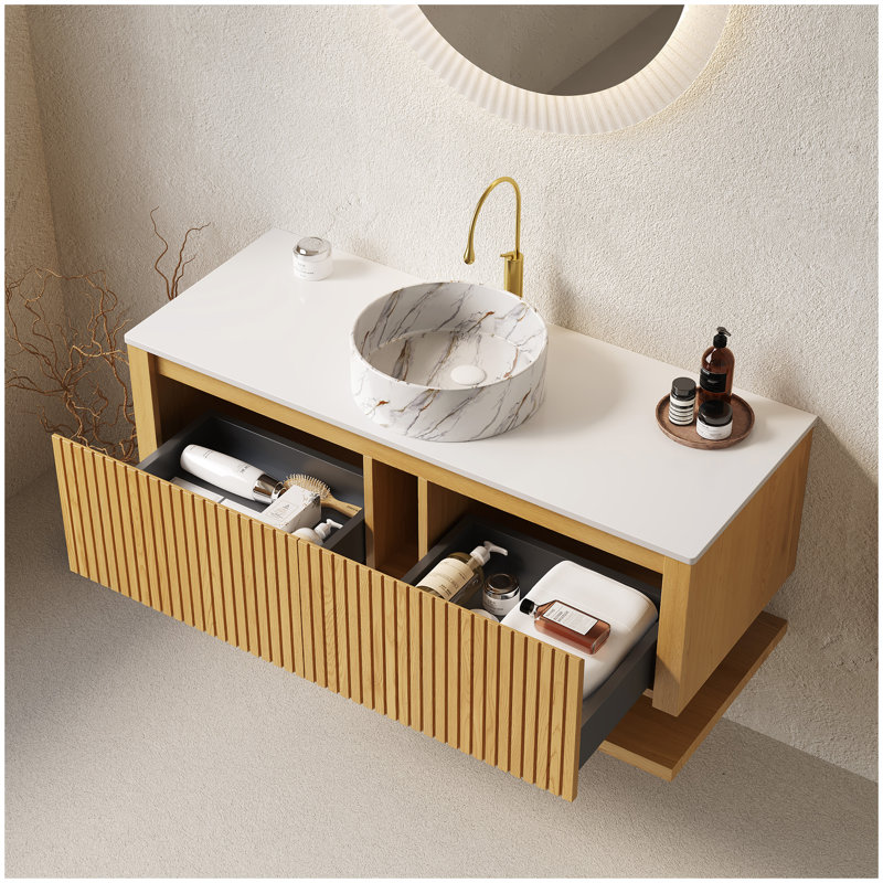 Armoire de rangement murale de 48 po avec tiroir et tablette en bois de grain de bois de chêne et corolla Hizon, comptoir en pierre frittée blanche