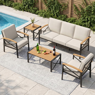 Ensemble de patio extérieur pour 5 personnes, ensemble de conversation extérieur avec coussins résistants aux intempéries, ensemble de mobilier de patio robuste en métal pour la cour arrière, la piscine