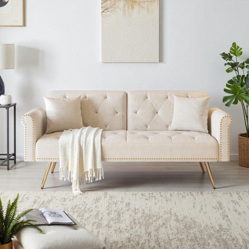 Futon Sofa Bed Convertible Sleeper Sofa Couch Loveseat For for Living Room, Office, Apartment, Beige Velvet