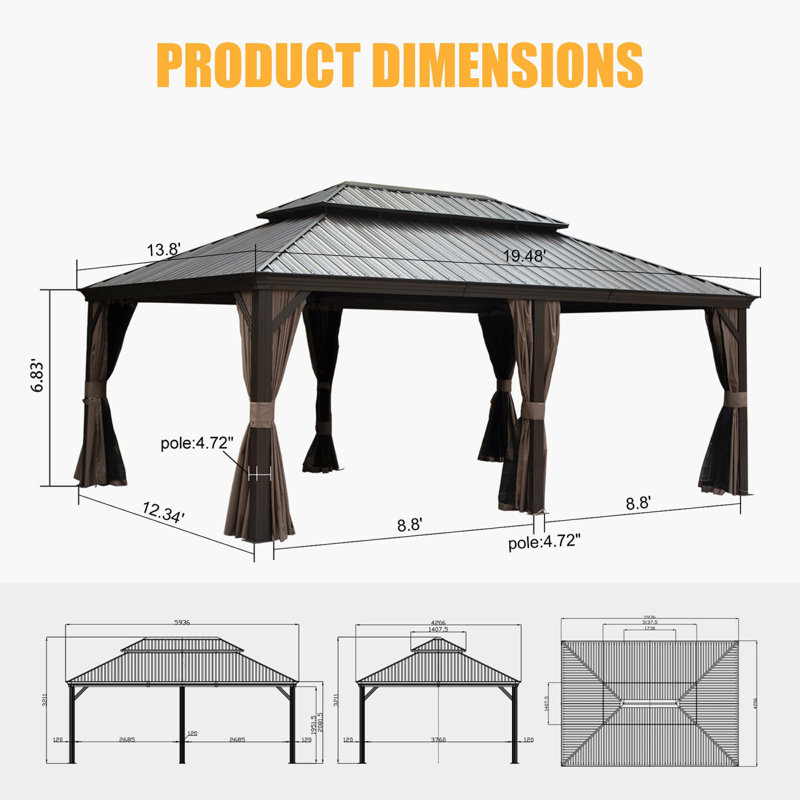 Hardtop Gazebo, Permanent Metal Gazebo With Galvanized Steel Double Roof And Aluminum Frame, Curtain And Netting, Large Pavilion Gazebo, Wood Looking