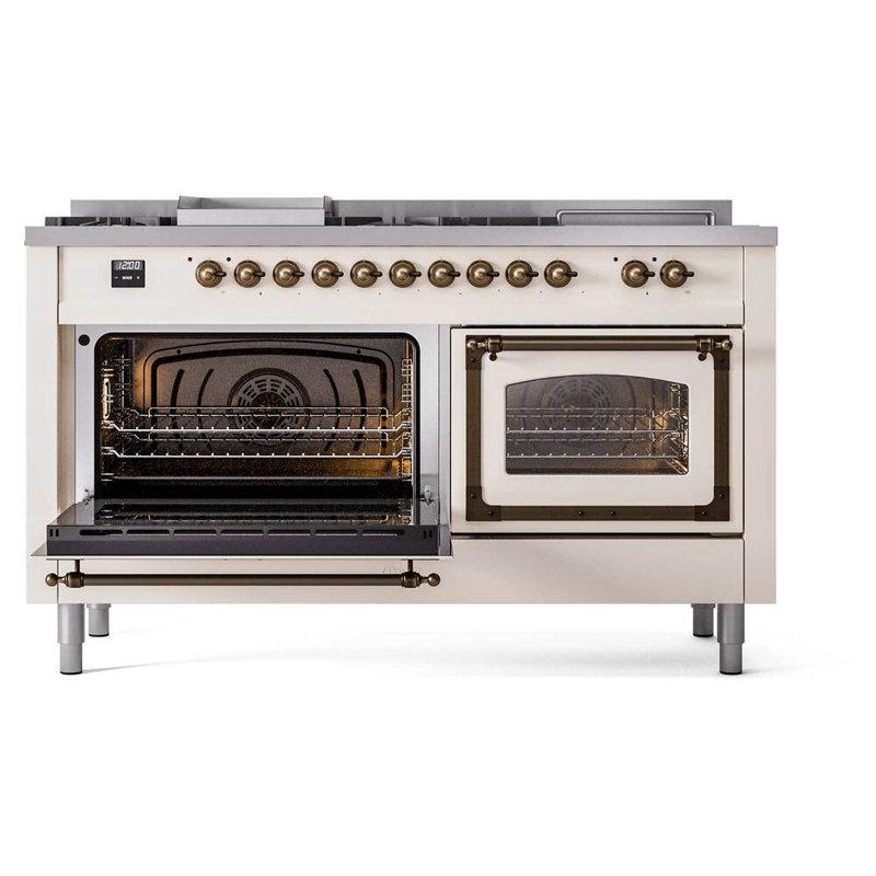 ILVE Nostalgie II Noblesse 60 in Dual Fuel Range 7 Burner, Griddle, Frenchtop, Liquid Propane, Antique White/Burnished