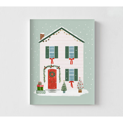 Christmas Illustration Living Room Wall Art, House Festive Poster Print, Snowy Winter Season Cabin Wall Decor