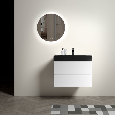 Meuble-lavabo de salle de bain 30 po - Blanc contemporain avec lavabo noir, fonction silencieuse, lavabo spacieux
