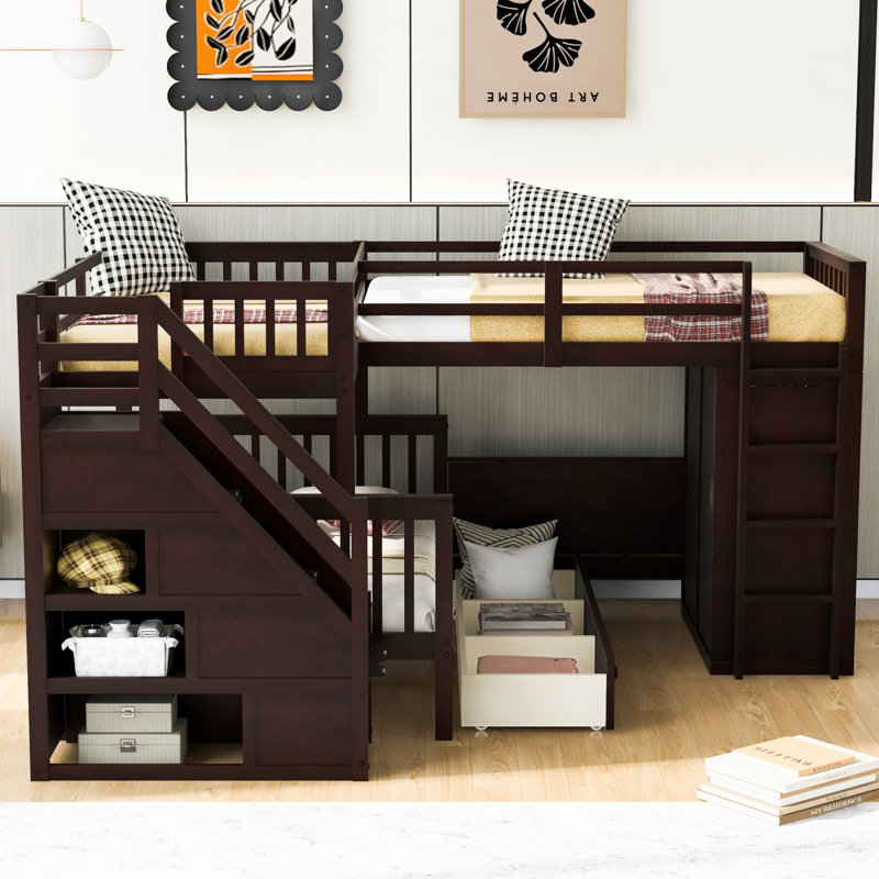 Twin-Twin Over Full L-Shaped Bunk Bed With 3 Drawers, Portable Desk And Wardrobe, Espresso(OLD SKU:LT100542AAP), Espresso