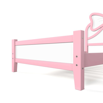 Twin Size Wooden Platform Bed With Bow Headboard, Solid Wood Bed Frame With Slatted Support, Low Profile Platform Bed For Kid Teens Girls, No Box Spring Needed.Pink And White