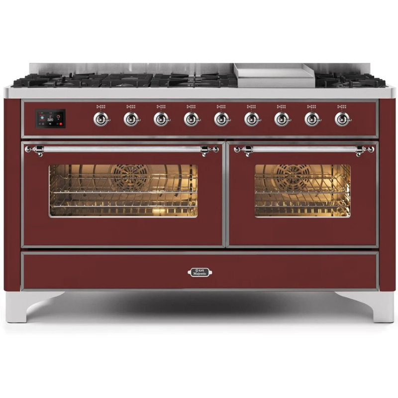 ILVE UM15FDNS3BGG Majestic II 60 inch Dual Fuel Range with 9 Burners, Griddle (Natural Gas, Triple Glass Door, Blue Grey, Brass)