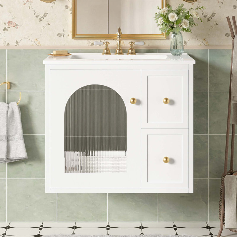 Ensemble de meuble-lavabo mural 24 po avec lavabo en céramique, 2 tiroirs et 1 porte à fermeture en douceur pour les petits espaces