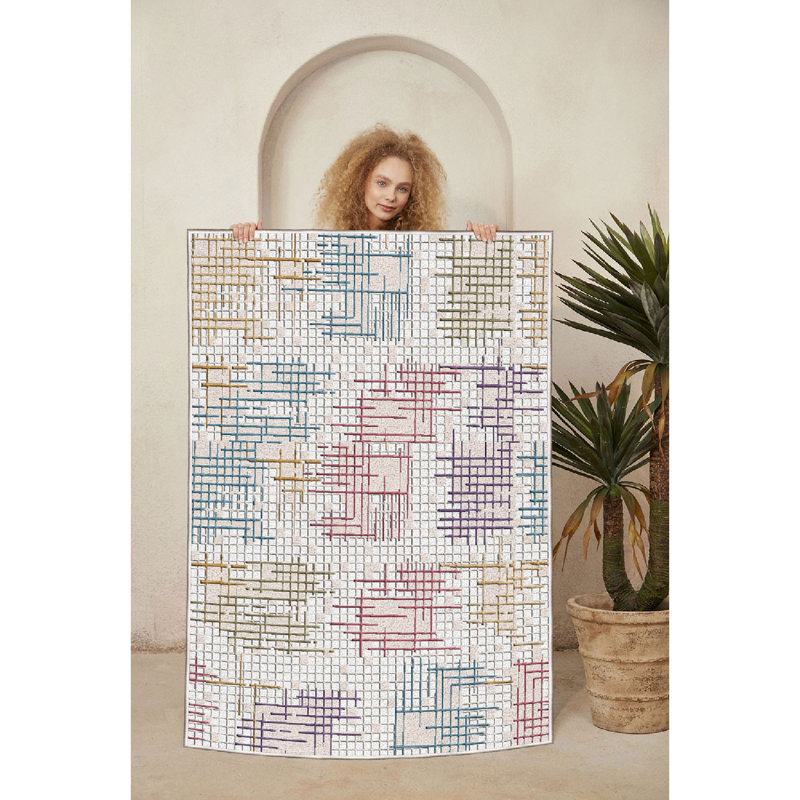 Premium Cotton Area Rug, 5.2 x 7.5 Feet | 100% Antibacterial, Non-Slip PVC Underside | Plush Pile Height: 0.4 Inches, Total Thickness: 0.3 Inches | Machine Washable, Elegant Cream, Blue, Red, Purple & Camel Design for Living Room