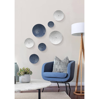 Blue wall decoration for home living room gallery, 3D floating sculpture, overlapping effect, unique decoration for staircase corridor porch, housewarming gift, 7PCS metal art embellishment