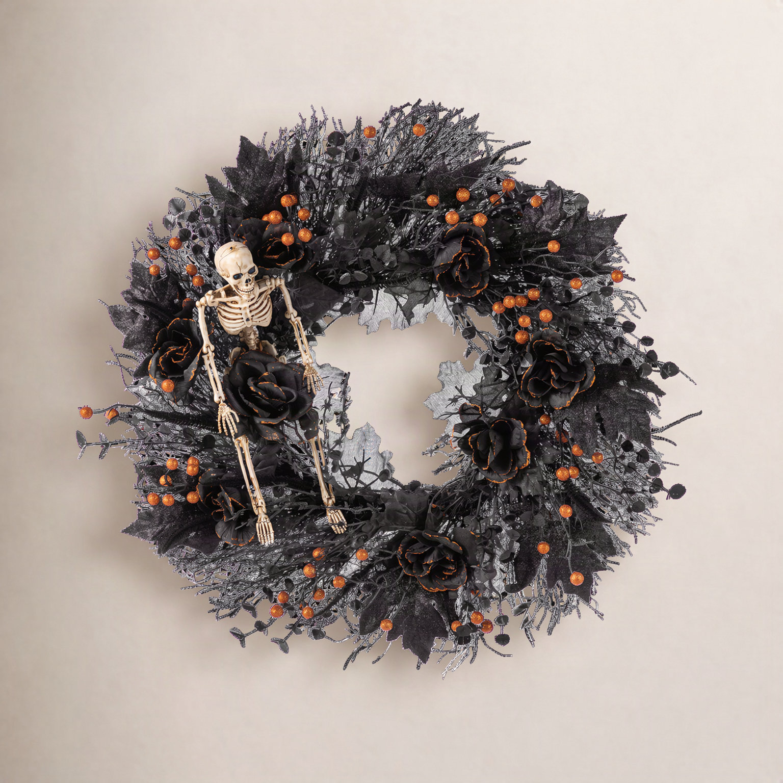 24"D Halloween  Black Rose, Skeleton And Berry Wreath Includes A Complimentary Black Metal Wreath Hanger