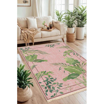 Pink Tropical Lattice & Leaf Print Area Rug