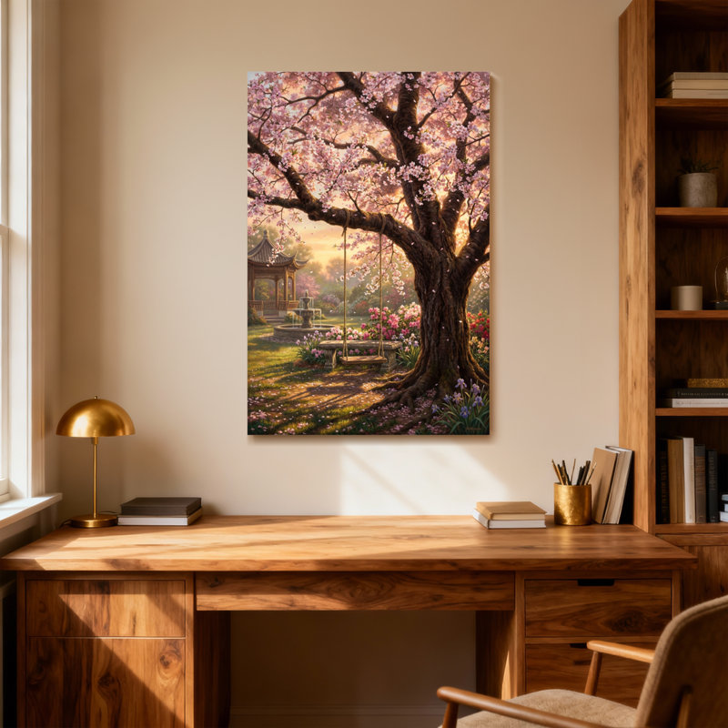 Plantes et fleurs de cerisier en fleurs avec balançoire et pagode, H 24 po x l 16 po
