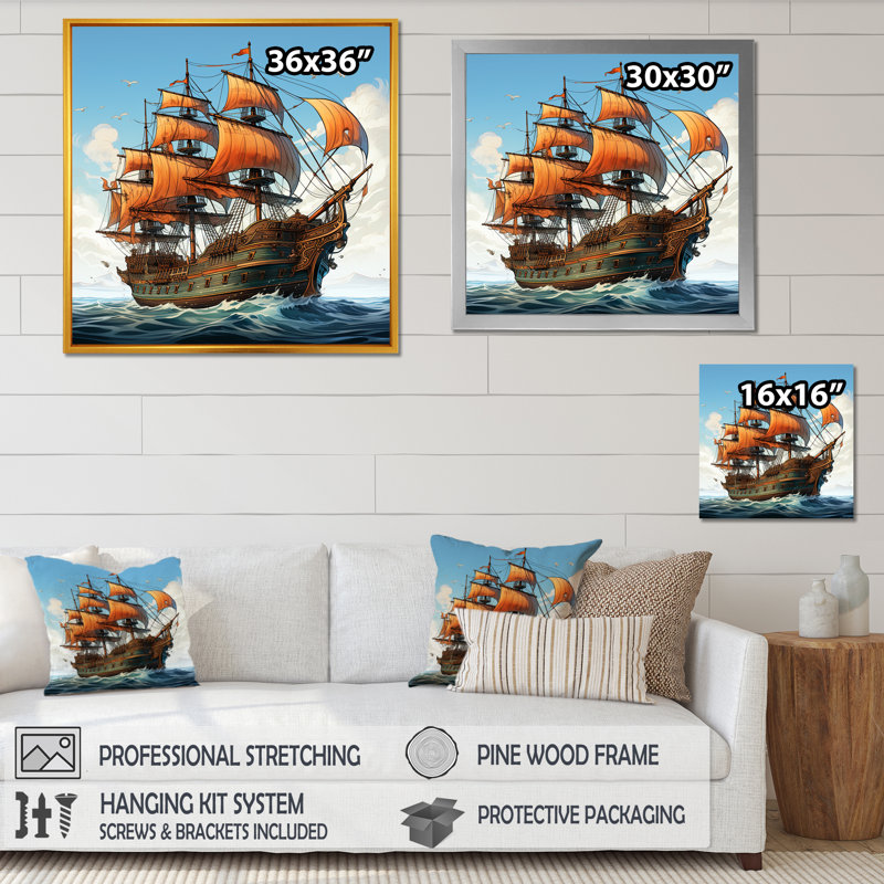 Dessin d'aventure, bateau pirate - Art mural, Cadre flottant doré, H 16 po x l 16 po x P 1 po