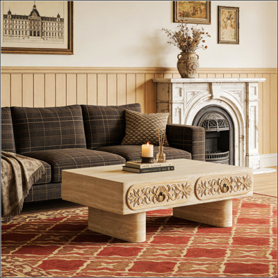 Table basse à bord arrondi avec tiroir en bois massif à motif floral, parfaite pour le salon et le bureau