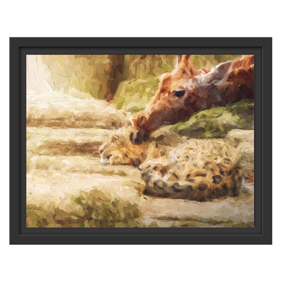 Gerahmtes Wandbild Leopard und Giraffe