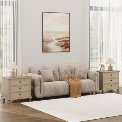 Table de chevet de style champêtre de 60 cm de large, commode en bois avec 3 tiroirs et 4 pieds en bois massif, chêne clair