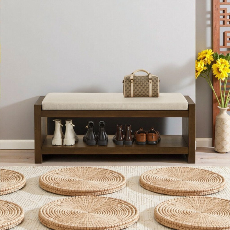 Accent Bench With Lower Shelf Shoe Rack, Padded Seating Bench, Ivory, 18.5" H x 47" W x 16.25" D