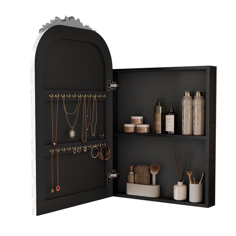 Armoire à pharmacie murale de salle de bain de style antique argentée, 61 x 91 cm, avec miroir et dessus sculpté.