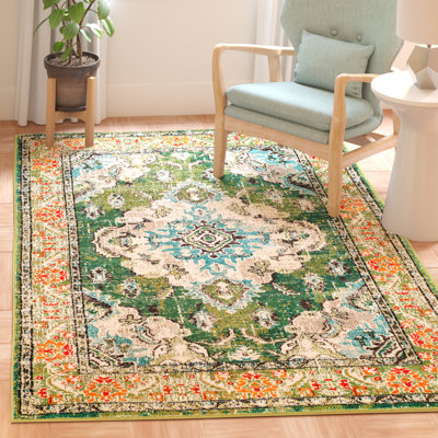 Tapis oriental vert forêt et bleu clair Almyra