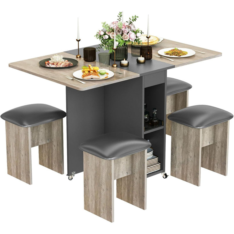 Ensemble de table de salle à manger pliable pour 4 personnes, table de salle à manger à abattants avec 4 chaises rembourrées et 2 tablettes, table de cuisine pliable peu encombrante avec 6 roulettes pour les petits espaces,
