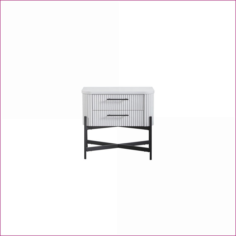 Table de chevet 2 tiroirs blanche avec USB - façades en roseau