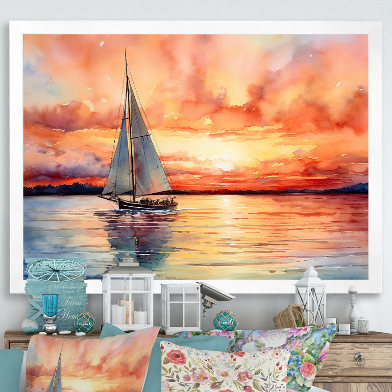 Couleurs pastel voilier coucher de soleil V - bateau à voile, art mural, Cadre flottant noir, H 24 po x l 32 po x P 1 po