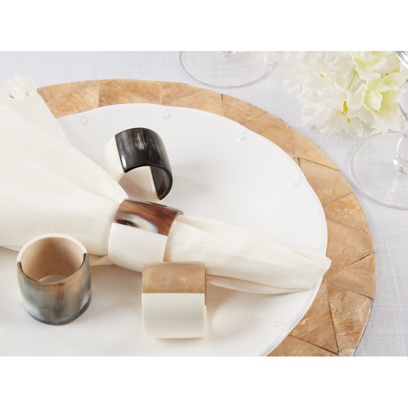 Brown and White Elongated Horn Napkin Rings Set of 4