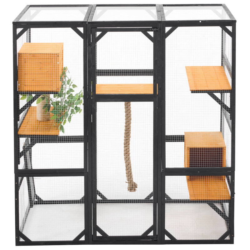 Outdoor Cat Enclosure with Double Doors and Multiple Platforms, Black/Brown