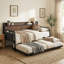 Twin Daybed with Pop Up Trundle, Storage Headboard and Charging Station, Strong Support, Walnut-384022600