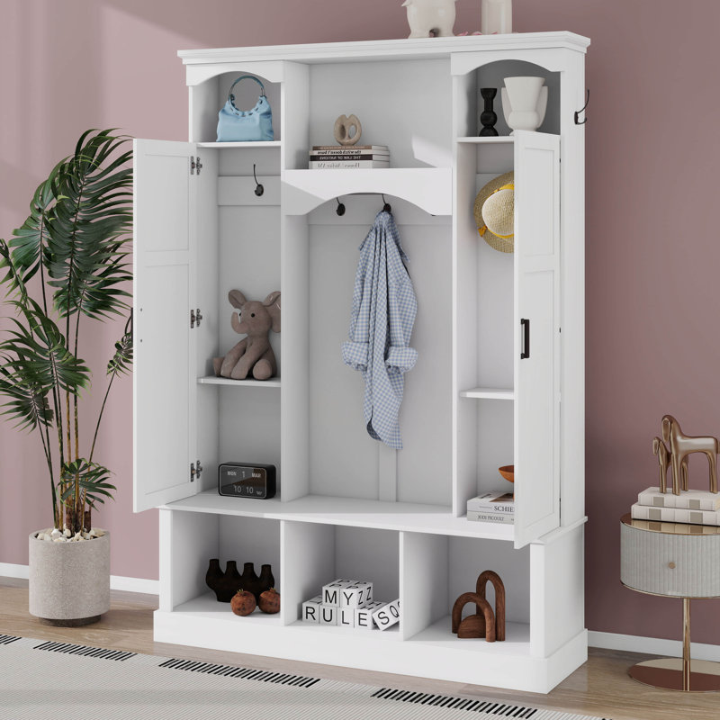 All-In-One Hall Tree With Adjustable Shelves, Classic Arched Storage Bench With Dual Side Cabinets, 7 Hooks, White