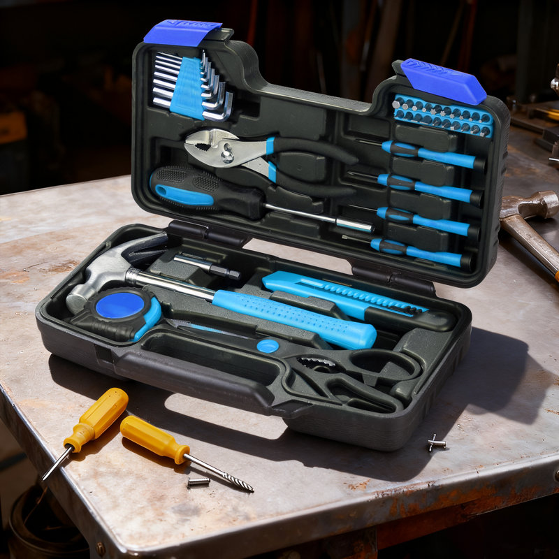 Ensemble d'outils 39 pièces pour la maison avec étui de rangement en ABS 12,5 po x 7,5 po x 3,25 po, Noir / Bleu