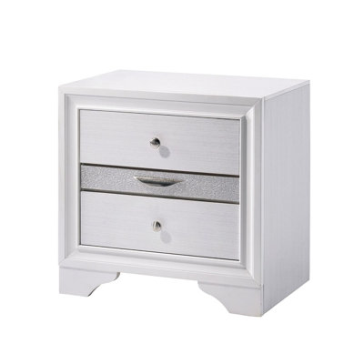 3 Drawers Nightstand In White - Modern Bedroom Furnishing With Hidden Jewelry Area With Compartment & Silver Accents