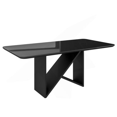 Table de salle à manger 6 places de style italien avec plateau en verre peint et base en bois élégante, noir