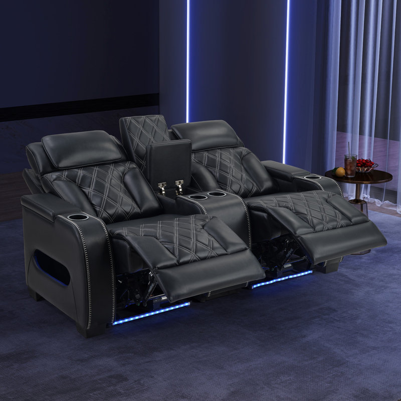 Causeuse inclinable électrique en cuir de 73 po de large avec appui-tête réglable et éclairage d'ambiance, Noir