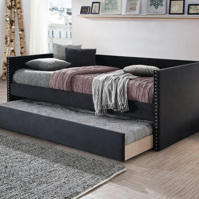 Beautiful 1Pc Modern Daybed Tufted Nailhead Trim Armrest Pull Out Trundle Bedroom Living Room Furniture Finish