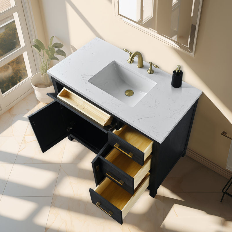 Meuble-lavabo simple 42 po avec plateau en pierre Marquist, Noir