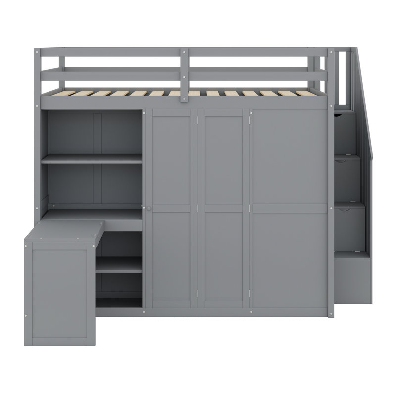 Lit mezzanine avec garde-robe, bureau et tablettes, Gris